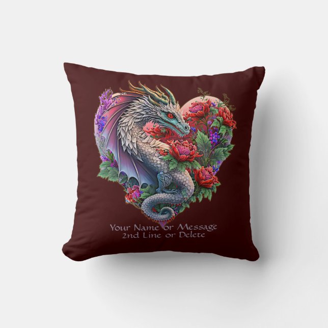 Add Name Message, Heart Dragon & Flowers, Dark Red Throw Pillow (Front)
