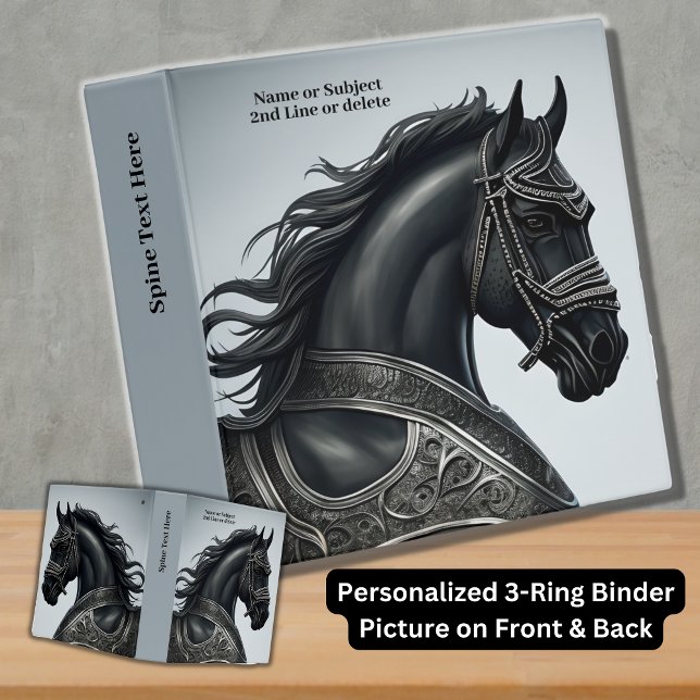 Add Name Message, Strong Black Horse with Armour 3 Ring Binder (Creator Uploaded)