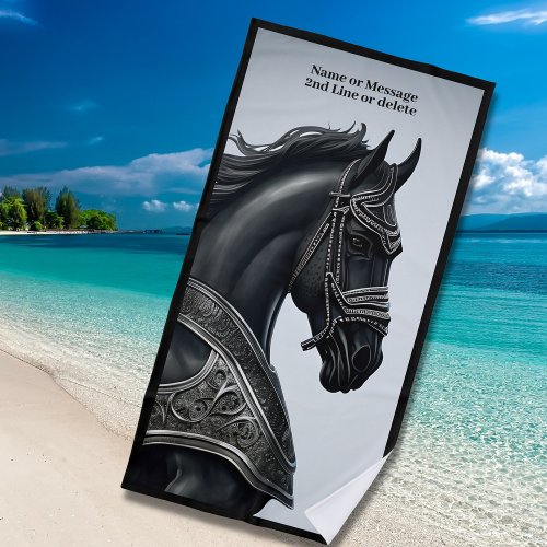 Add Name Message Strong Black Horse with Armour  Beach Towel