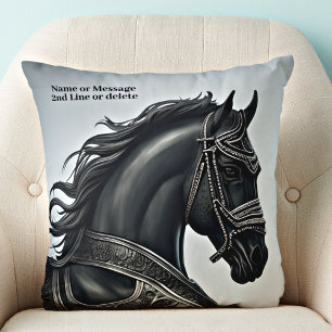 Add Name Message, Strong Black Horse with Armour Throw Pillow