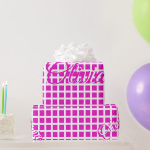 Add Name Modern Pattern White and Hot Pink Wrapping Paper