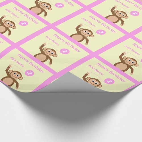 Add name monkey 2nd birthday pink cream wrapping paper