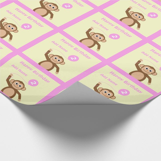 Add name monkey 2nd birthday pink cream wrapping paper (Corner)
