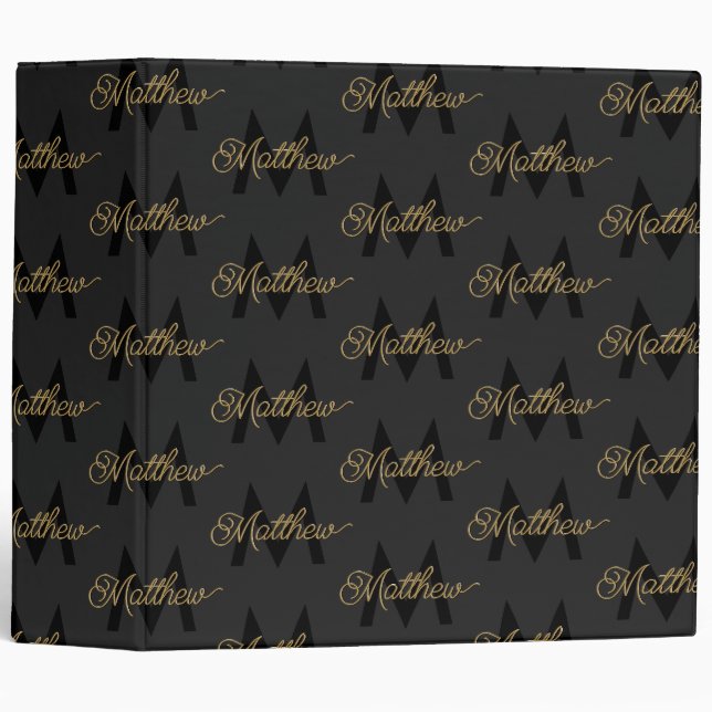  Add Name & Monogram Black & Gold Chic Classy Mens 3 Ring Binder (Front/Spine)