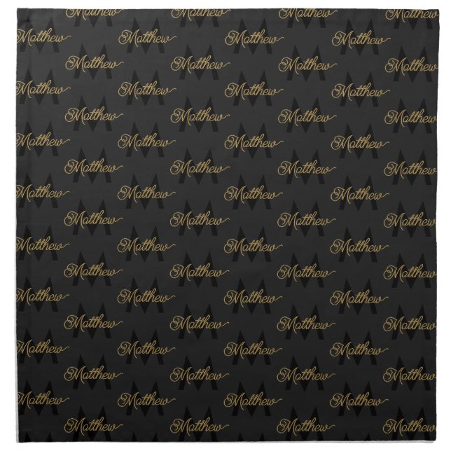 Add Name & Monogram Chic & Elegant Black Gold Mens Cloth Napkin (Front)