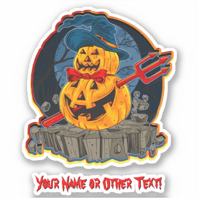 Add Name, Monster Pumpkin Head Devil Trident Hat Sticker (Front)