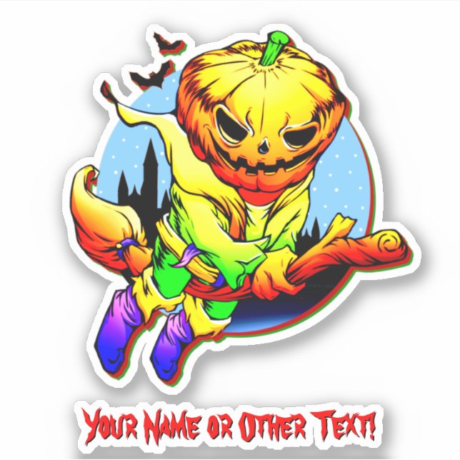 Add Name, Monster Pumpkin Head Witch Flying Broom  Sticker (Front)