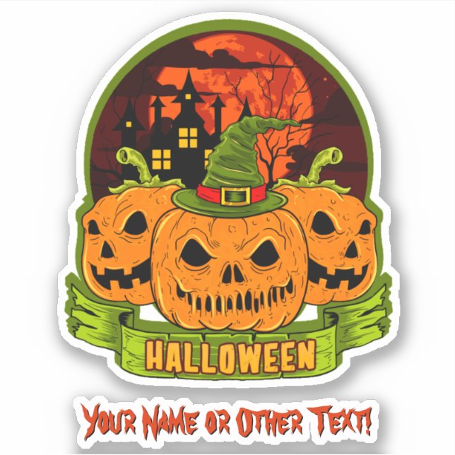Add Name, Monster Pumpkin Head Witch Hat Haunted Sticker (Front)
