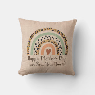 Add Name Mother's Day Mom Leopard Rainbow Beige Throw Pillow