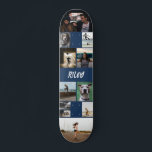 Add Name Navy Photo Collage Template Skateboard<br><div class="desc">Customizable skateboard with a photo template to which you can add twelve of your own photos and your name in a distressed grunge font against a navy blue background. Cool photo collage skateboard personalized with your name and 12 photos in different sizes and shapes. Show off your favorite pics as...</div>