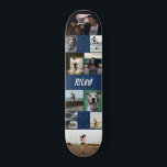 Add Name Navy Photo Collage Template Skateboard<br><div class="desc">Customizable skateboard with a photo template to which you can add twelve of your own photos and your name in a distressed grunge font against a navy blue background. Cool photo collage skateboard personalized with your name and 12 photos in different sizes and shapes. Show off your favorite pics as...</div>