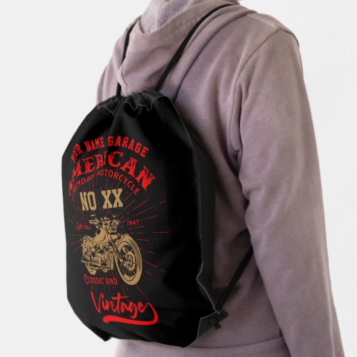 Add Name Number American Legendary Motorcycle      Drawstring Bag