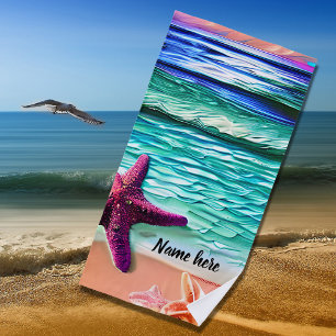 Add Name, Ocean Waves and Purple Star Fish on Sand Beach Towel