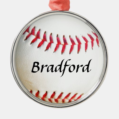 Add Name on White Baseball with Red Stitching Metal Ornament