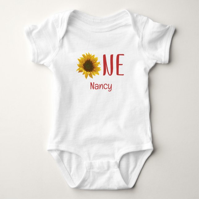 Add Name One Sunflower First Birthday  Baby Bodysuit (Front)