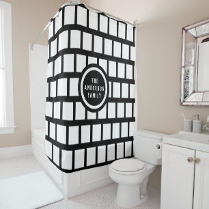 Add Name or Initials Modern Black and White Shower Curtain