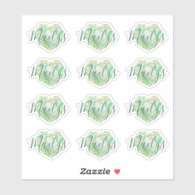   Add Name or Monogram Green Heart Diamond Emerald Sticker (Sheet)