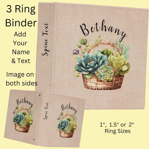 Add Name or Text Basket of Succulent Plants  3 Ring Binder