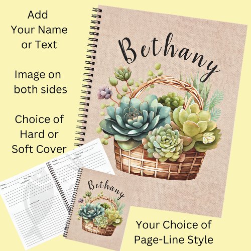 Add Name or Text Basket of Succulent Plants  Notebook