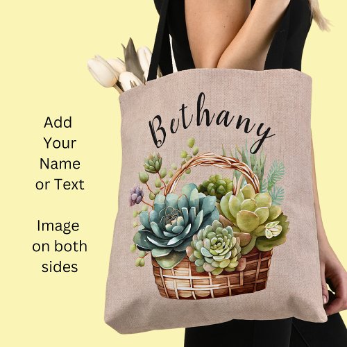 Add Name or Text Basket of Succulent Plants Tote Bag