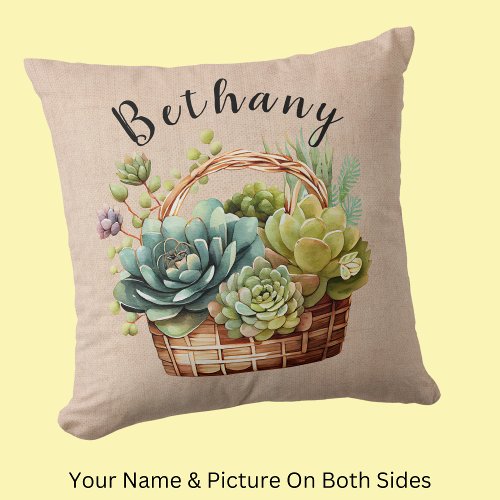 Add Name or Text Baskets of Succulent Plants Throw Pillow