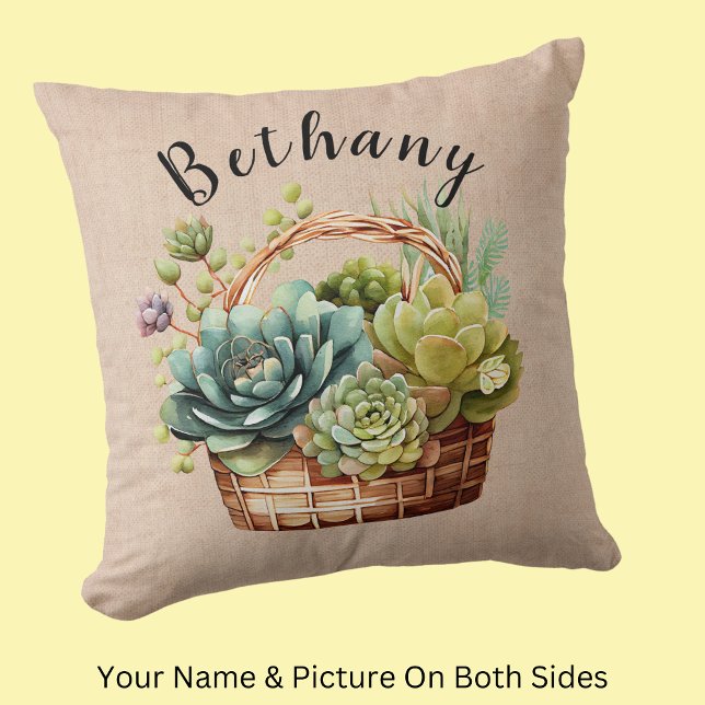 Add Name or Text, Baskets of Succulent Plants Throw Pillow (Creator Uploaded)