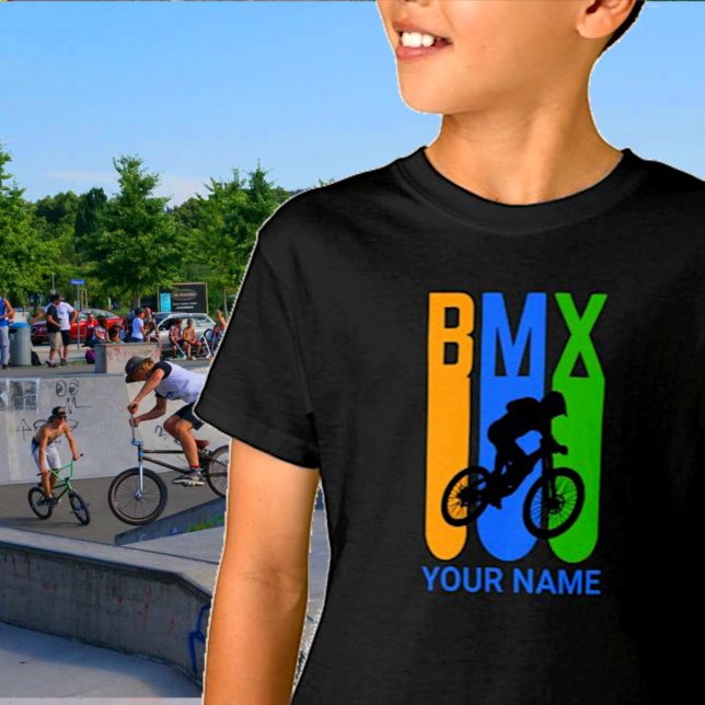 Add Name or Text BMX Bike Rider Orange Blue Green  T-Shirt (Creator Uploaded)