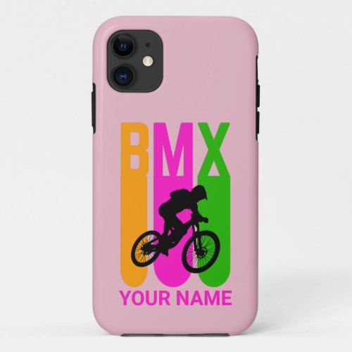 Add Name or Text BMX Bike Rider Orange Pink Green  iPhone 11 Case