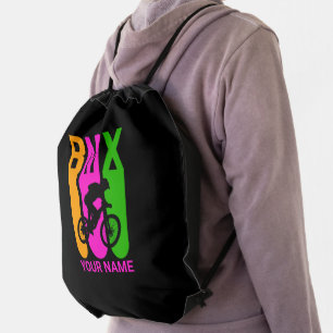 Add Name or Text BMX Bike Rider Orange Pink Green Drawstring Bag