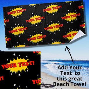 Add Name or Text Red Yellow Pop Art Burst on Black Beach Towel