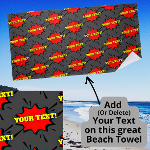 Add Name or Text Red Yellow Pop Art Burst on Gray Beach Towel