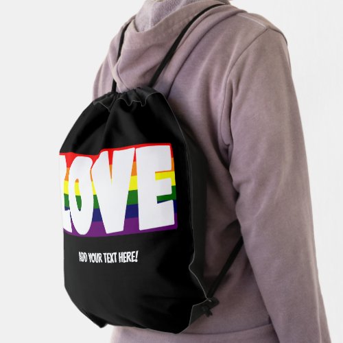 Add Name or Your Text Love Rainbow Flag Drawstring Bag