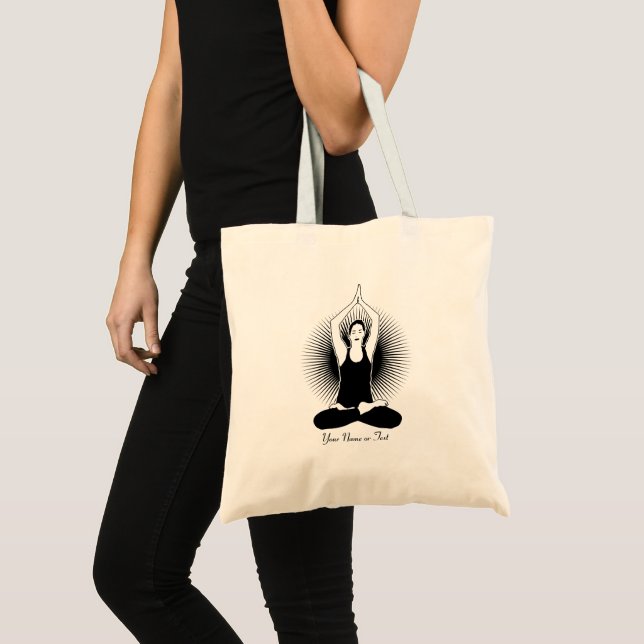 Add Name or Your Text Yoga Lady Pose with Sunburst Tote Bag (Front (Product))