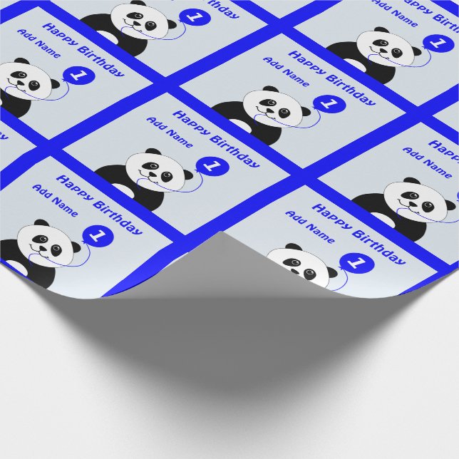 Add name panda 1st birthday blue wrapping paper (Corner)