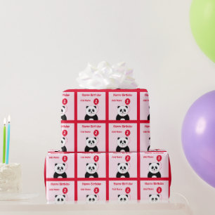 Add name panda 1st birthday red pink wrapping paper
