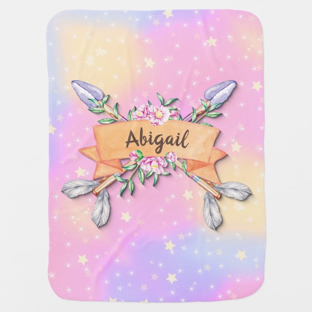 Add Name Pastel Boho Flower Arrows Pink Stars Baby Blanket (Front)