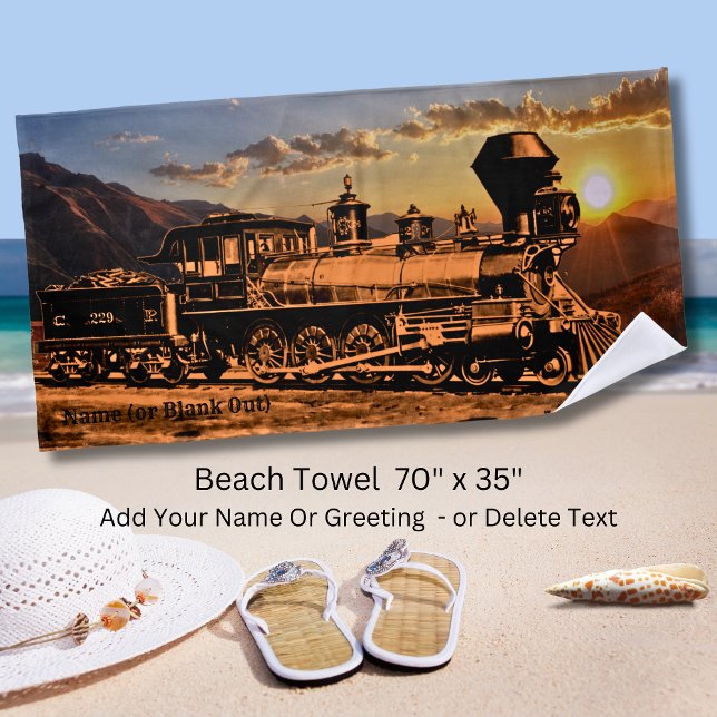 Add Name Personalize Steam Train Sunset CPRR 229 Beach Towel (Creator Uploaded)