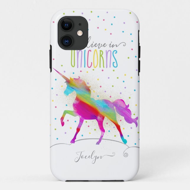 Add Name Personalized Gold Glitter Rainbow Unicorn Case-Mate iPhone Case (Back)