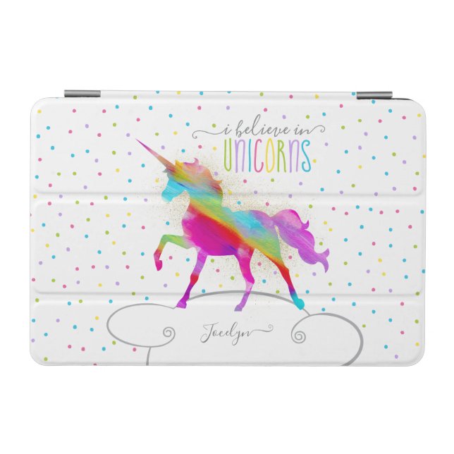 Add Name Personalized Gold Glitter Rainbow Unicorn iPad Mini Cover (Horizontal)