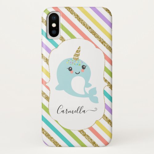 Add Name Personalized Narwhal Rainbow Gold Glitter iPhone X Case