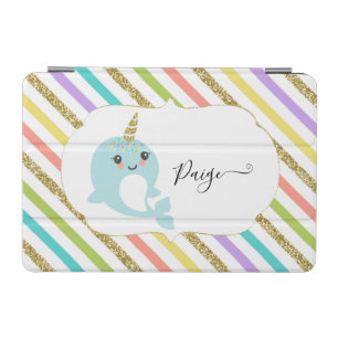 Add Name Personalized Narwhal Rainbow Gold Glitter iPad Mini Cover