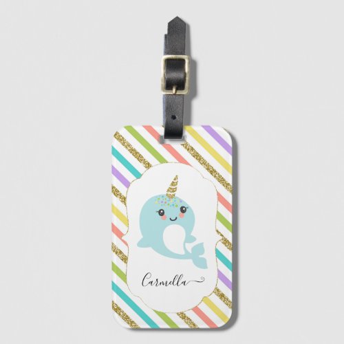Add Name Personalized Narwhal Rainbow Gold Glitter Luggage Tag
