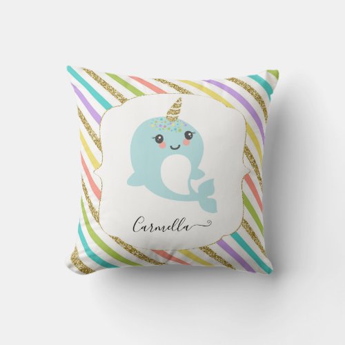 Add Name Personalized Narwhal Rainbow Gold Glitter Throw Pillow