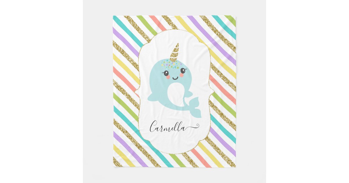 Rainbow Narwhal Pattern Print Hooded Blanket
