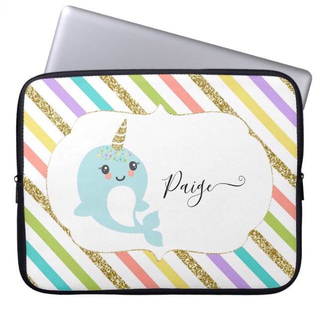 Add Name Personalized Rainbow Narwhal Gold Glitter Laptop Sleeve (Front)