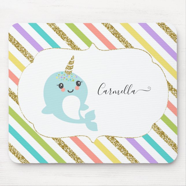 Add Name Personalized Rainbow Narwhal Gold Glitter Mouse Pad (Front)