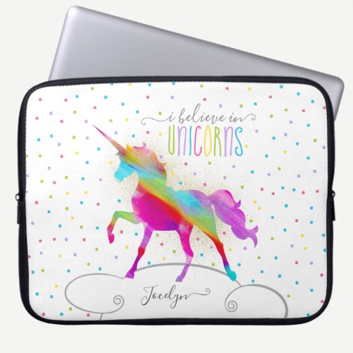 Add Name Personalized Rainbow Unicorn Gold Glitter Laptop Sleeve