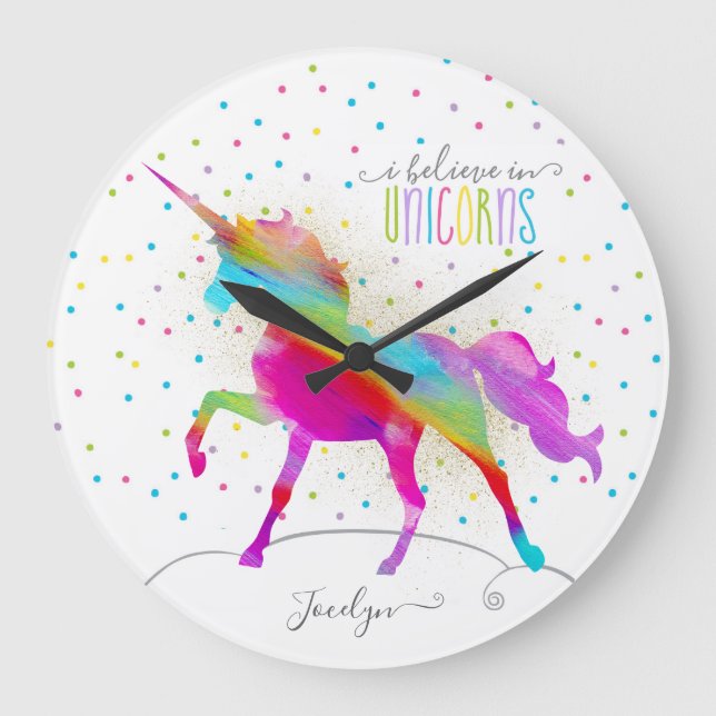 Add Name Personalized Rainbow Unicorn Gold Glitter Large Clock (Front)