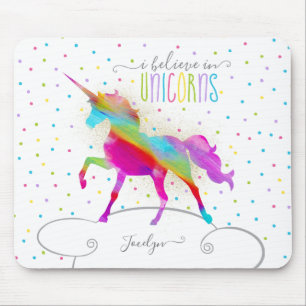 Add Name Personalized Rainbow Unicorn Gold Glitter Mouse Pad