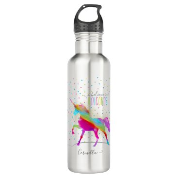 Add Name Personalized Rainbow Unicorn Gold Glitter Stainless Steel Water Bottle